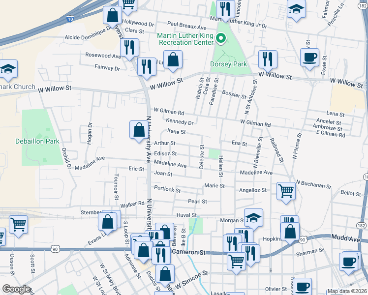 map of restaurants, bars, coffee shops, grocery stores, and more near 711 Arthur Street in Lafayette