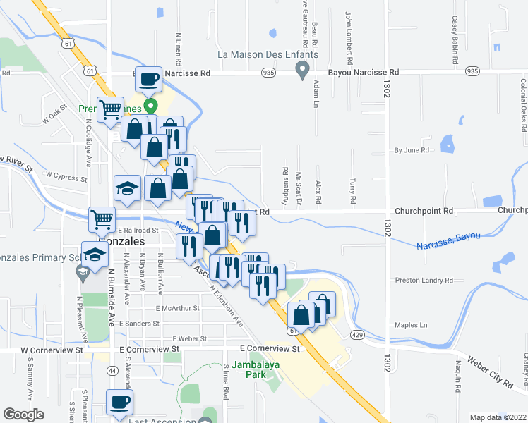 map of restaurants, bars, coffee shops, grocery stores, and more near 41346 Church Point Road in Gonzales