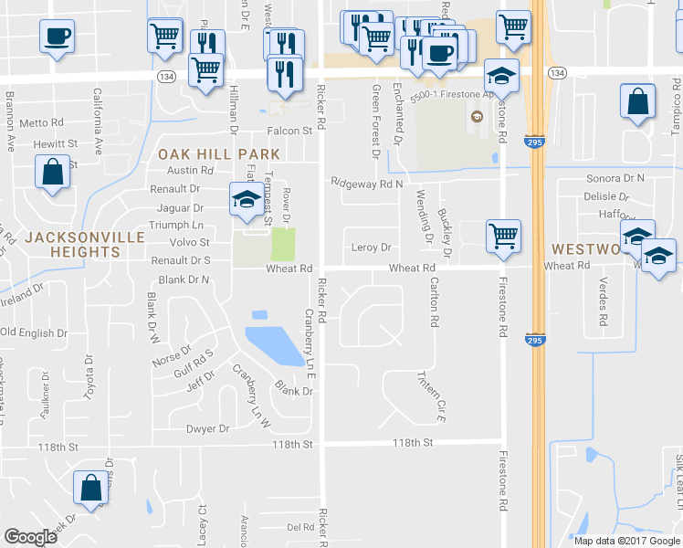 map of restaurants, bars, coffee shops, grocery stores, and more near 7572 Wheat Road in Jacksonville