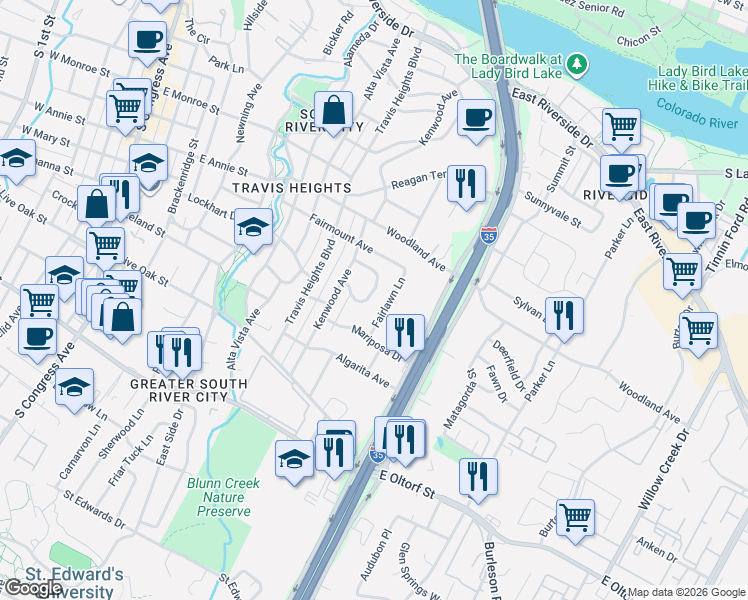map of restaurants, bars, coffee shops, grocery stores, and more near 1113 Gillespie Place in Austin