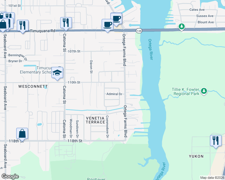 map of restaurants, bars, coffee shops, grocery stores, and more near 5151 Admiral Drive in Jacksonville