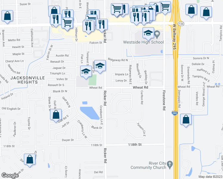 map of restaurants, bars, coffee shops, grocery stores, and more near 7572 Wheat Road in Jacksonville