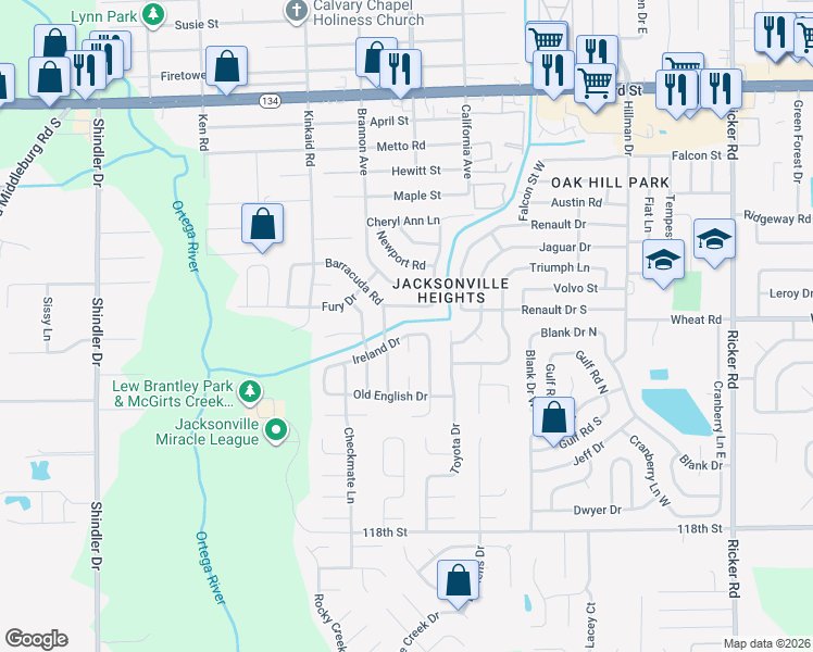 map of restaurants, bars, coffee shops, grocery stores, and more near 8209 Ireland Drive in Jacksonville