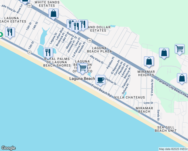 map of restaurants, bars, coffee shops, grocery stores, and more near 124 East Lakeshore Drive in Panama City Beach