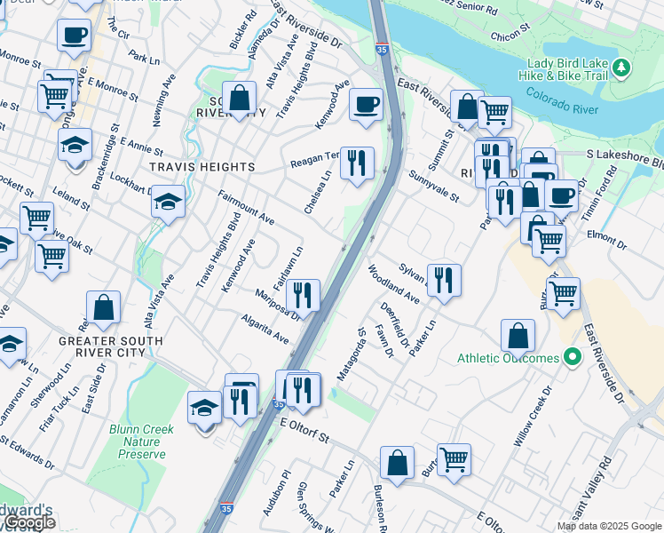 map of restaurants, bars, coffee shops, grocery stores, and more near 1304 Mariposa Drive in Austin