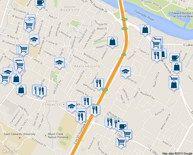 map of restaurants, bars, coffee shops, grocery stores, and more near 1903 Fairlawn Lane in Austin