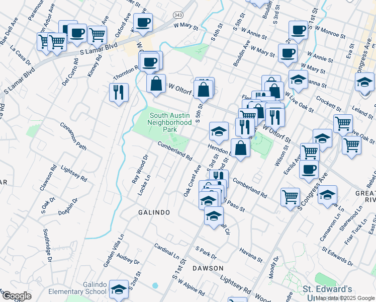 map of restaurants, bars, coffee shops, grocery stores, and more near 2609 South 5th Street in Austin
