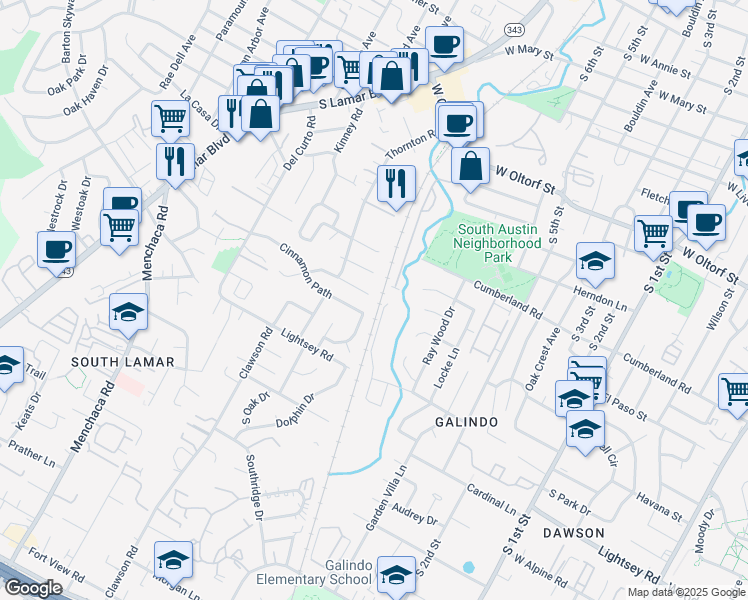 map of restaurants, bars, coffee shops, grocery stores, and more near 1404A Cinnamon Path in Austin