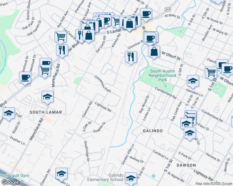 map of restaurants, bars, coffee shops, grocery stores, and more near 1404A Cinnamon Path in Austin