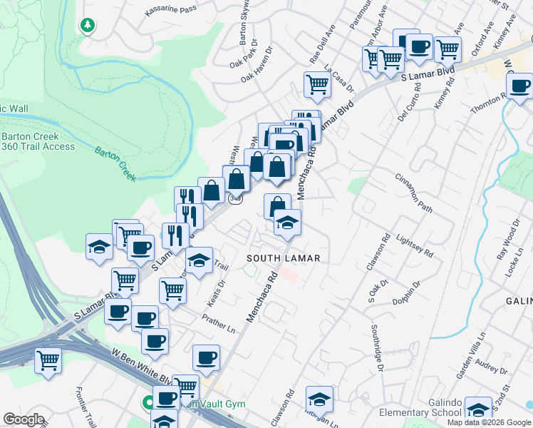 map of restaurants, bars, coffee shops, grocery stores, and more near 3204 Menchaca Road in Austin