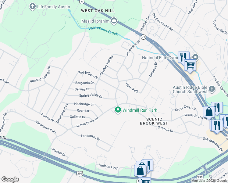 map of restaurants, bars, coffee shops, grocery stores, and more near 8111 Red Willow Drive in Austin