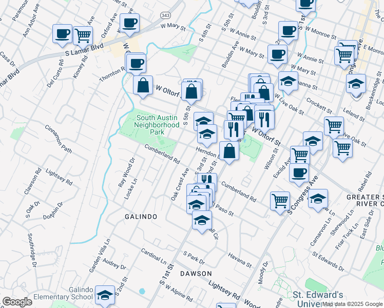 map of restaurants, bars, coffee shops, grocery stores, and more near 2604 Oak Crest Avenue in Austin