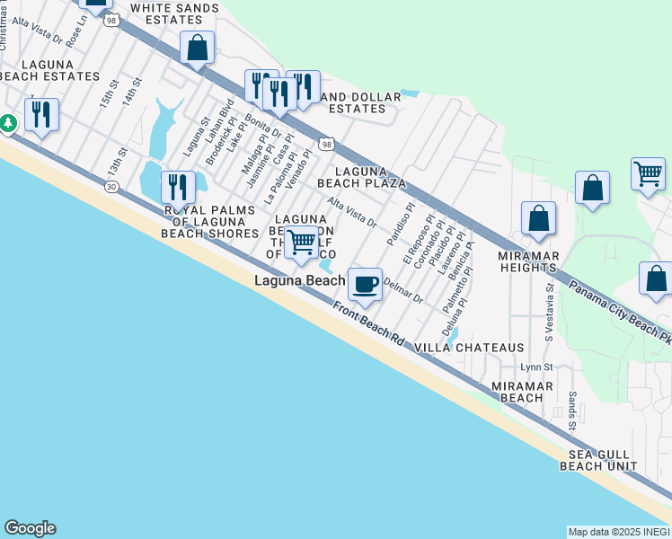map of restaurants, bars, coffee shops, grocery stores, and more near 117 East Lakeshore Drive in Panama City