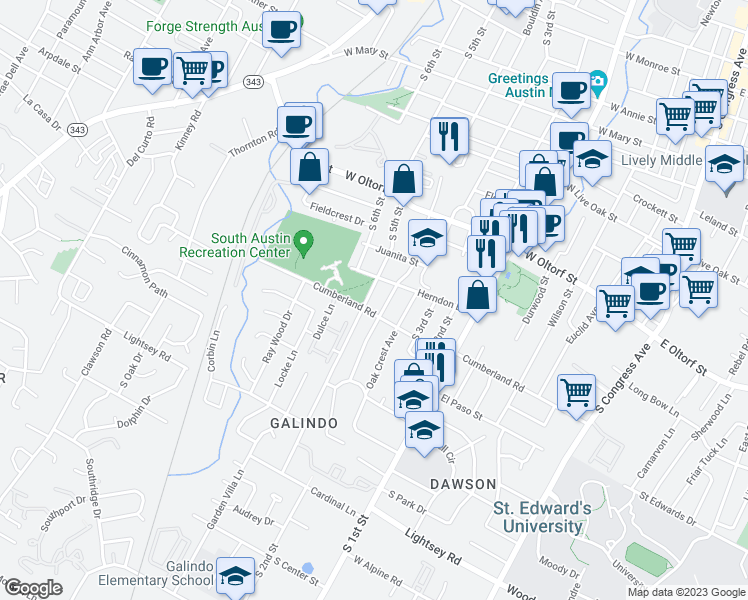 map of restaurants, bars, coffee shops, grocery stores, and more near 2609 South 5th Street in Austin