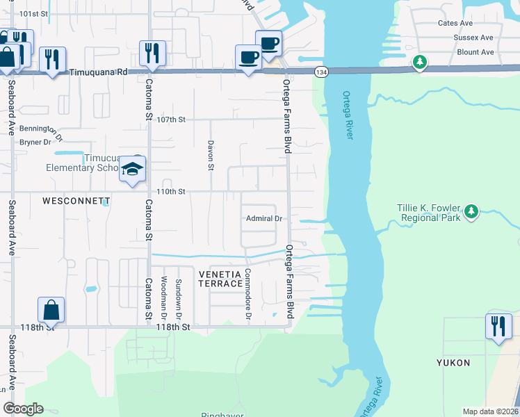 map of restaurants, bars, coffee shops, grocery stores, and more near 5151 Admiral Drive in Jacksonville