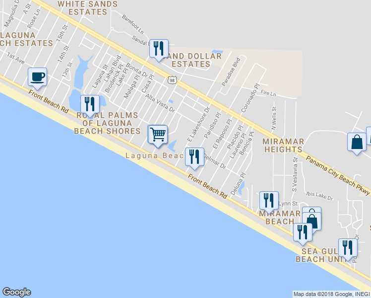 map of restaurants, bars, coffee shops, grocery stores, and more near 124 East Lakeshore Drive in Panama City Beach