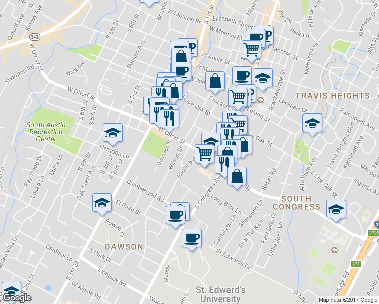 map of restaurants, bars, coffee shops, grocery stores, and more near 2403 Forest Avenue in Austin