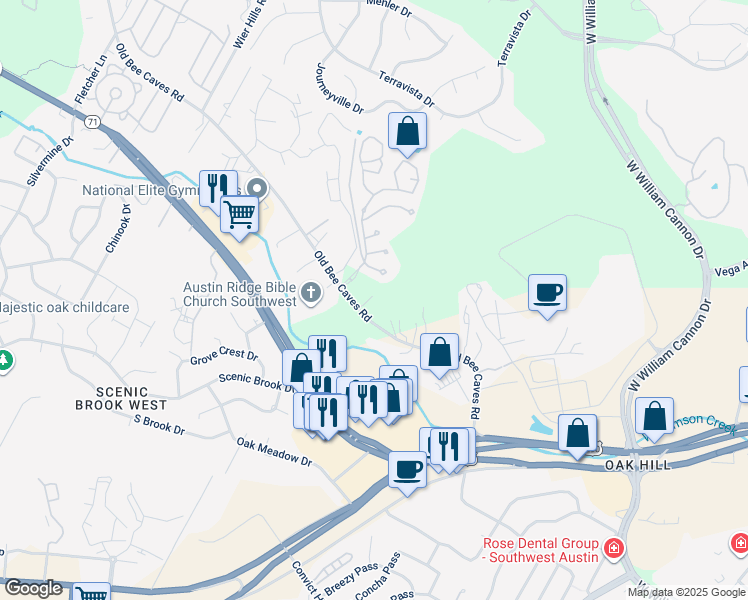 map of restaurants, bars, coffee shops, grocery stores, and more near 7310 Old Bee Cave Road in Austin