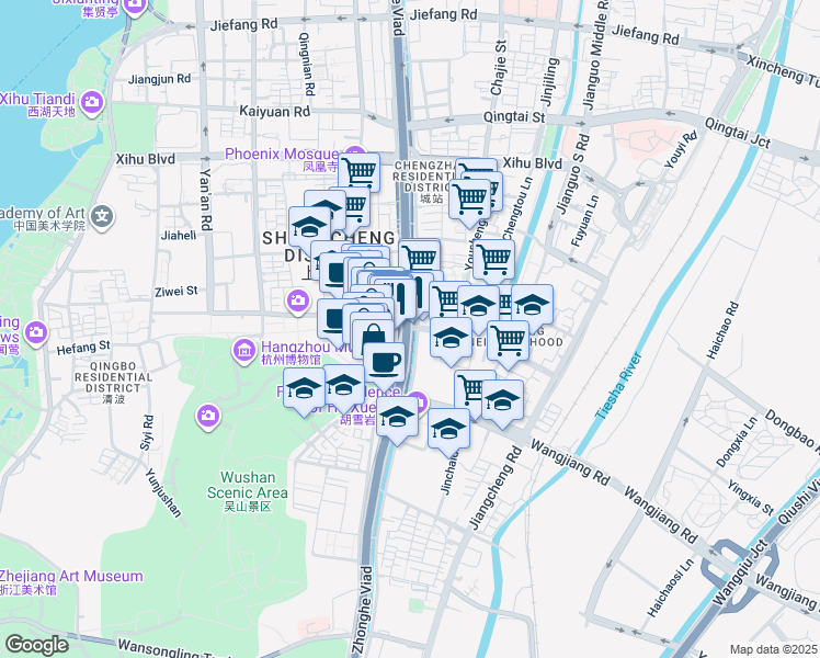 map of restaurants, bars, coffee shops, grocery stores, and more near He Fang Jie in Hang Zhou Shi