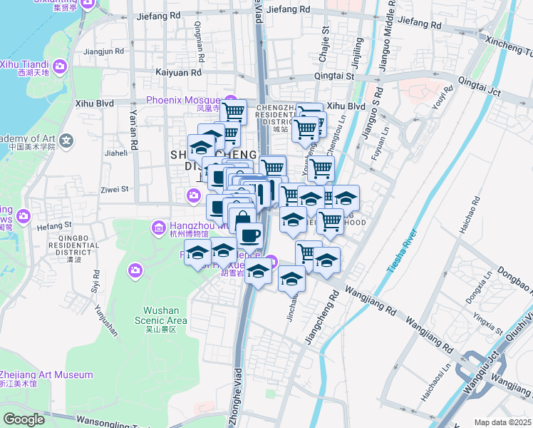 map of restaurants, bars, coffee shops, grocery stores, and more near He Fang Jie in Hang Zhou Shi