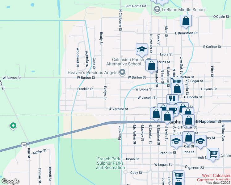 map of restaurants, bars, coffee shops, grocery stores, and more near 760 Henry St in Sulphur