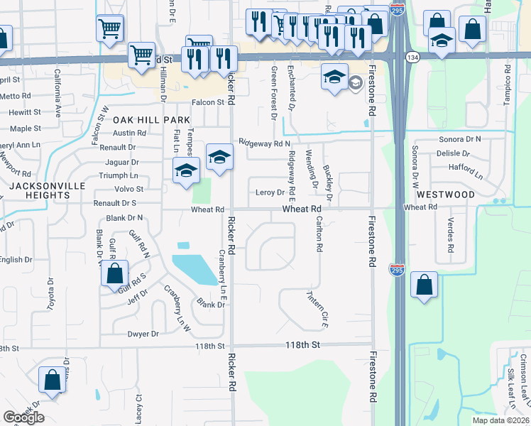 map of restaurants, bars, coffee shops, grocery stores, and more near 7504 Wheat Road in Jacksonville