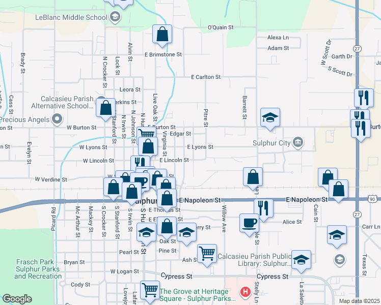 map of restaurants, bars, coffee shops, grocery stores, and more near 309 Canal St in Sulphur