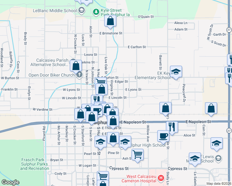 map of restaurants, bars, coffee shops, grocery stores, and more near 311 E Holbrook Cir in Sulphur
