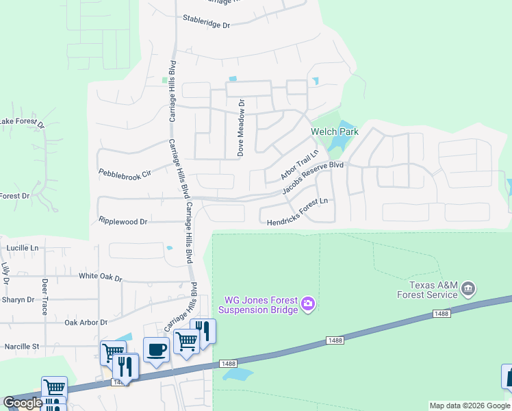 map of restaurants, bars, coffee shops, grocery stores, and more near 403 Woodpecker Forest Lane in Conroe
