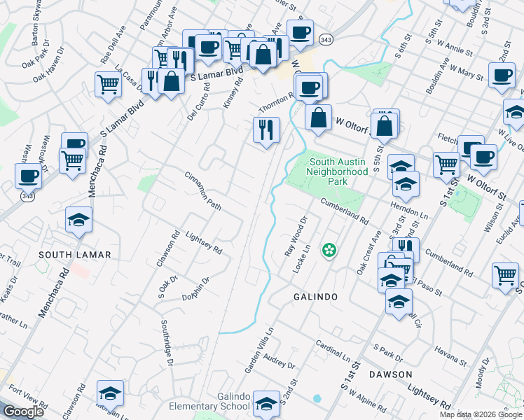map of restaurants, bars, coffee shops, grocery stores, and more near 2801 Corbin Lane in Austin