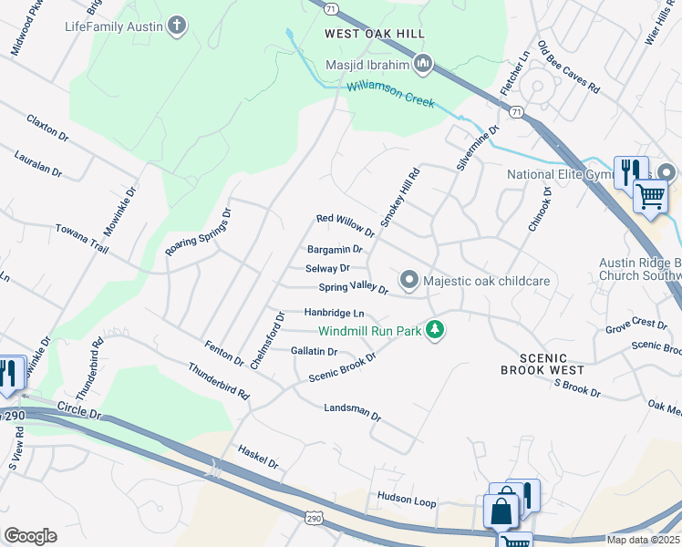 map of restaurants, bars, coffee shops, grocery stores, and more near 8411 Selway Drive in Austin