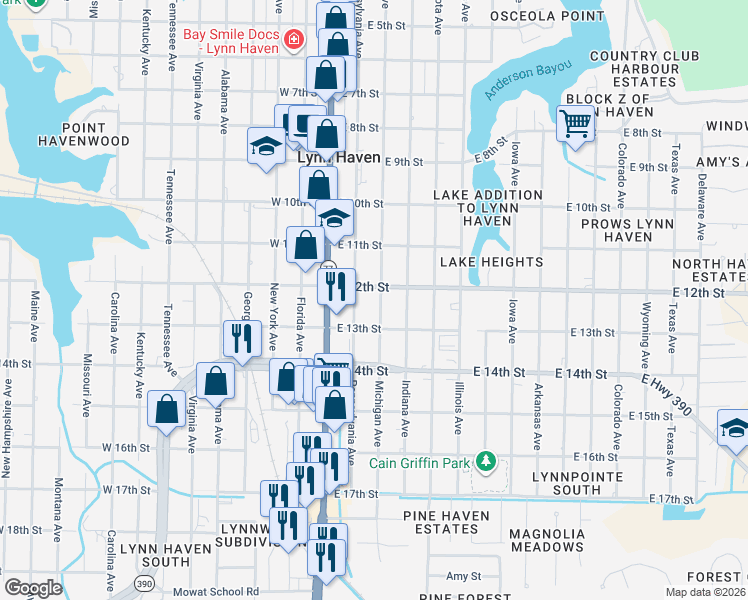 map of restaurants, bars, coffee shops, grocery stores, and more near 1206 Michigan Avenue in Lynn Haven