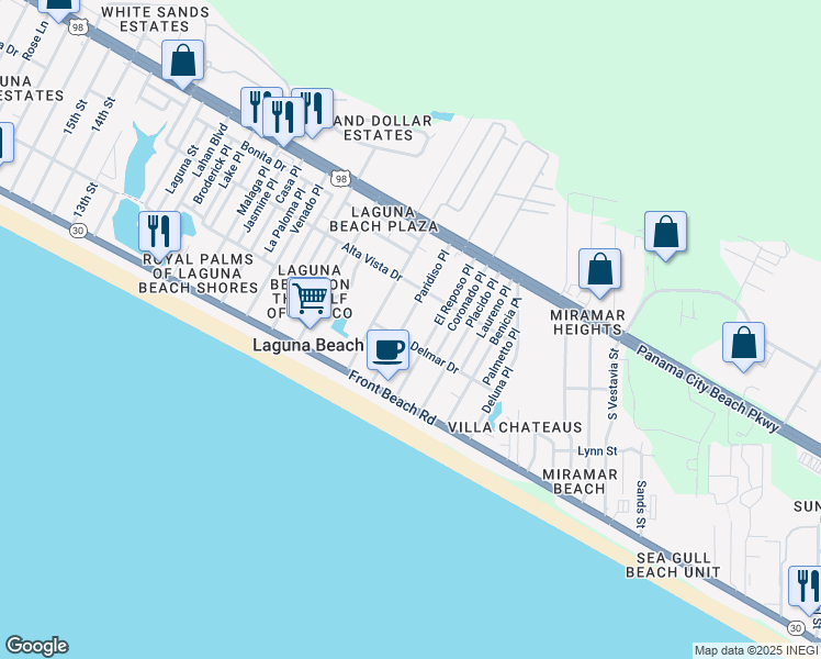 map of restaurants, bars, coffee shops, grocery stores, and more near 206 Paridiso Place in Panama City Beach