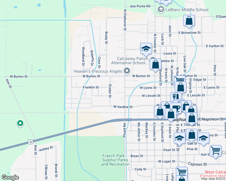 map of restaurants, bars, coffee shops, grocery stores, and more near 336 Evelyn Street in Sulphur
