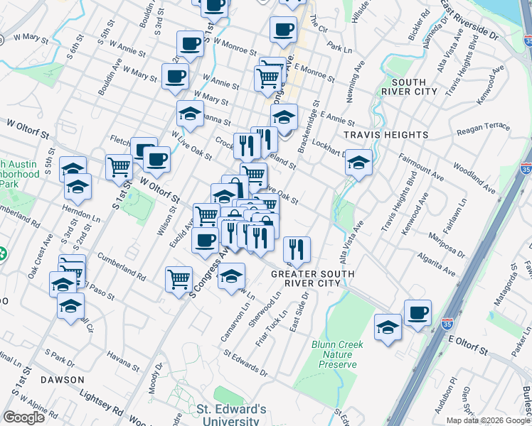 map of restaurants, bars, coffee shops, grocery stores, and more near 2215 Post Road in Austin