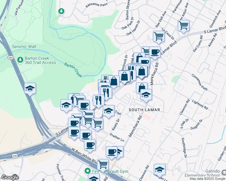 map of restaurants, bars, coffee shops, grocery stores, and more near 3500 South Lamar Boulevard in Austin