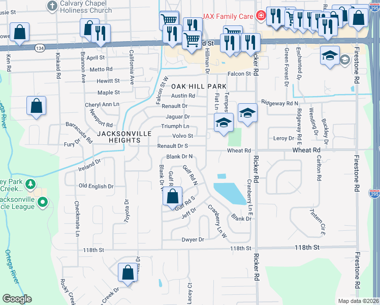 map of restaurants, bars, coffee shops, grocery stores, and more near 7839 Blank Drive North in Jacksonville
