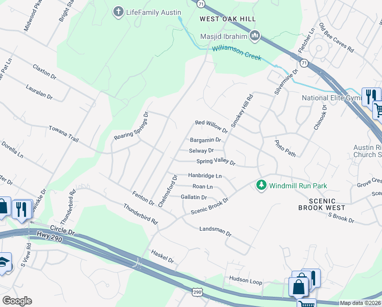 map of restaurants, bars, coffee shops, grocery stores, and more near 8509 Selway Drive in Austin