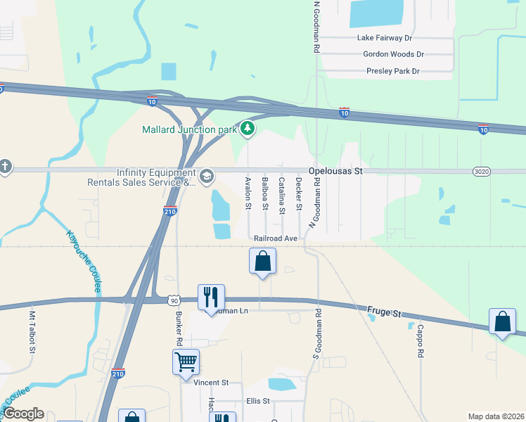 map of restaurants, bars, coffee shops, grocery stores, and more near 124 Avalon St in Lake Charles