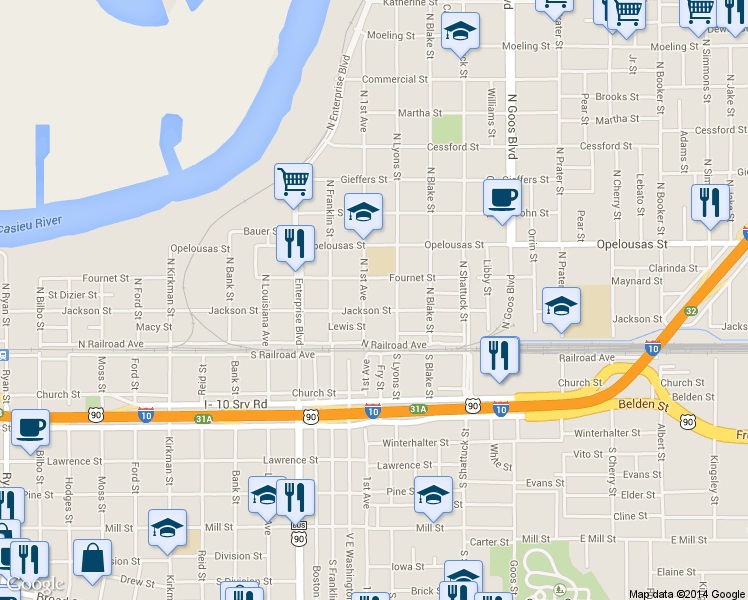 map of restaurants, bars, coffee shops, grocery stores, and more near 210 N 1st Ave in Lake Charles