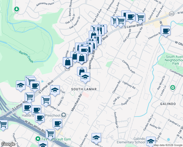 map of restaurants, bars, coffee shops, grocery stores, and more near 1916 Edgeware Drive in Austin