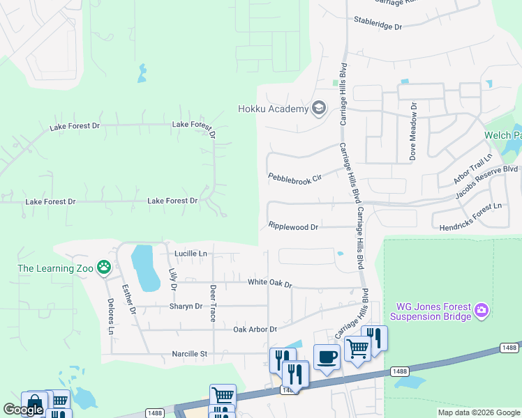 map of restaurants, bars, coffee shops, grocery stores, and more near 2436 Ripplewood Drive in Conroe