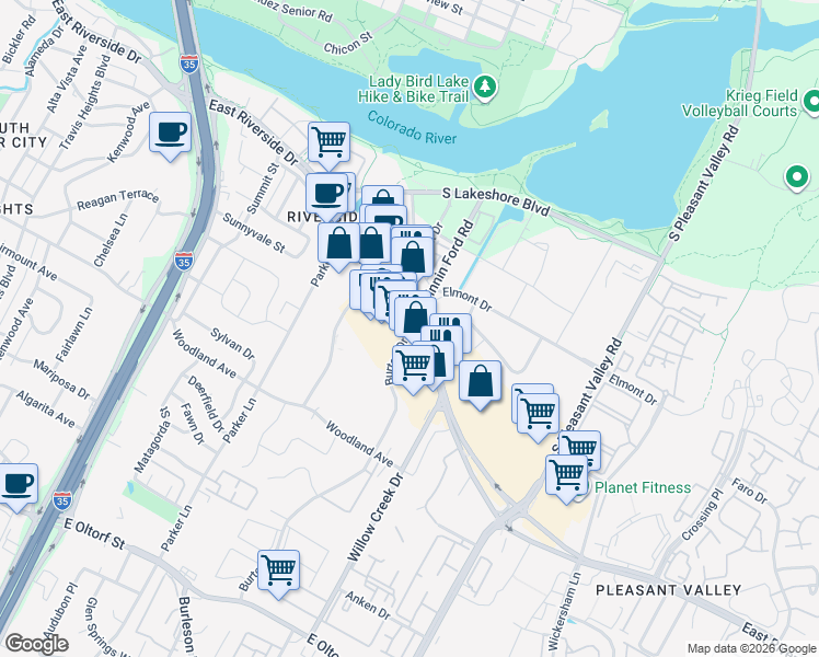 map of restaurants, bars, coffee shops, grocery stores, and more near E Riverside Dr & Tinnin Ford Rd in Austin