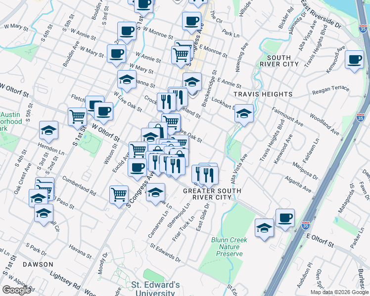 map of restaurants, bars, coffee shops, grocery stores, and more near 2215 Post Road in Austin