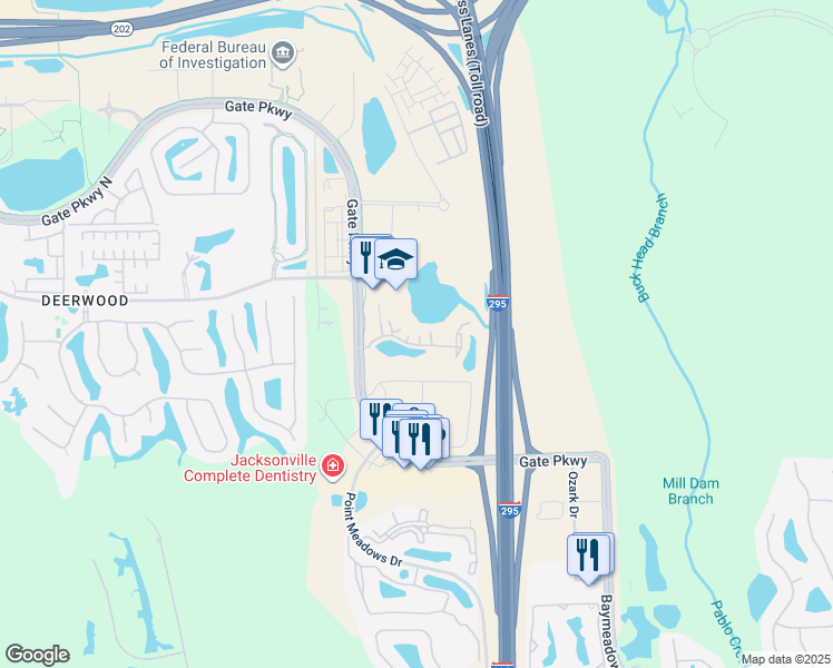 map of restaurants, bars, coffee shops, grocery stores, and more near 7651 Gate Parkway in Jacksonville