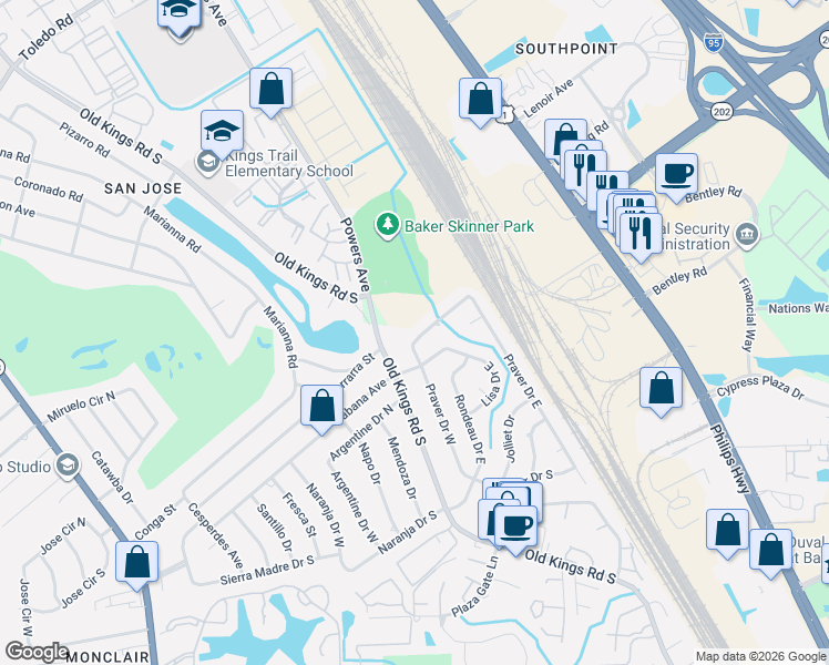 map of restaurants, bars, coffee shops, grocery stores, and more near 4552 Praver Drive North in Jacksonville