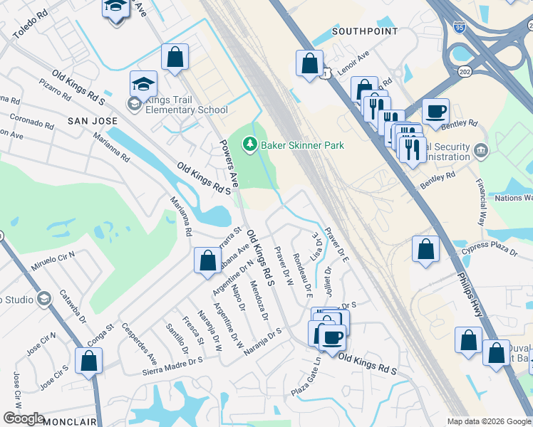 map of restaurants, bars, coffee shops, grocery stores, and more near 4552 Praver Drive North in Jacksonville