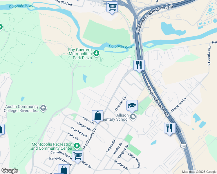 map of restaurants, bars, coffee shops, grocery stores, and more near 511 Kemp Street in Austin