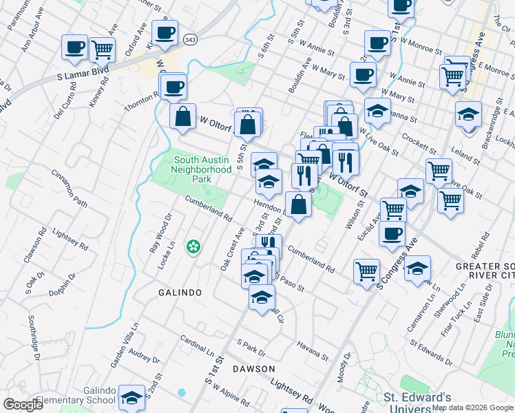 map of restaurants, bars, coffee shops, grocery stores, and more near 2604 Oak Crest Avenue in Austin