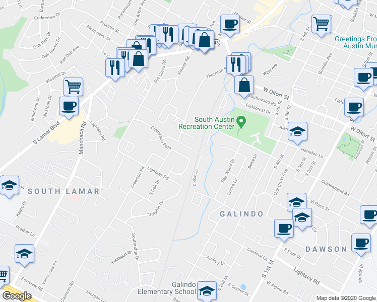 map of restaurants, bars, coffee shops, grocery stores, and more near 1404A Cinnamon Path in Austin